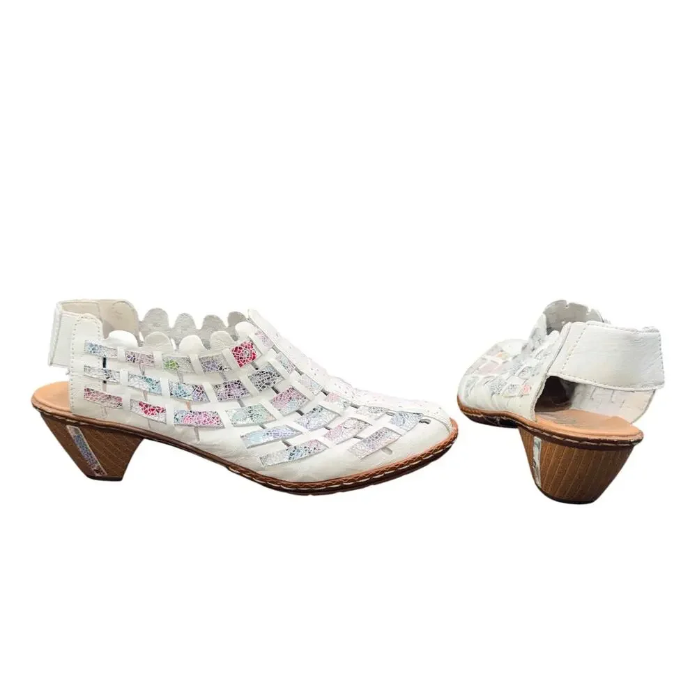Rieker Sina 78 White Mosaic Leather Slingback Heels EU 37 US 6